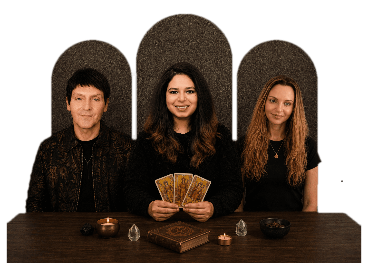 Three psychic readers holding tarot cards
